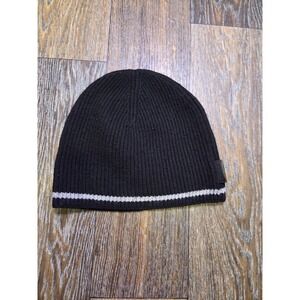 Coach Mens Black 100% Merino Wool Ribbed Knit Striped Beanie Hat One Size